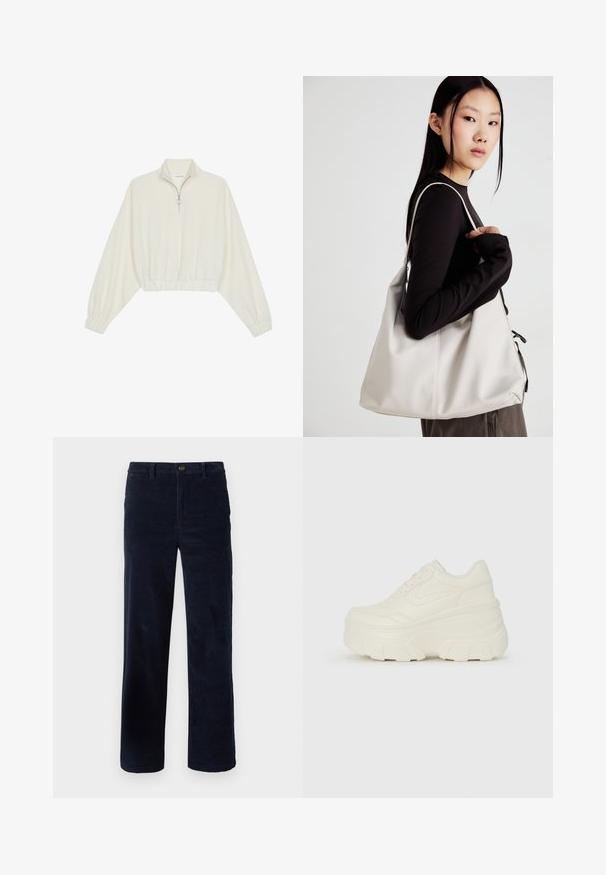 Geknipt pullover in crèmekleurige stof, met een hoge kraag, halve rits, elastische zoom en manchetten, met een soepele textuur en minimalistisch ontwerp.; Marineblauwe corduroybroek met rechte benen, voorzien van een knoopsluiting en een textuurrijke stof. Geen zichtbare patronen of accenten.; Witte platform sneakers met een gladde leren bovenkant, afgeronde vorm, gewatteerde kraag en een gestructureerde rubberen zool met duidelijke profiel.; Beige handtas gemaakt van zacht materiaal, met een slonzig ontwerp, gestikte details en twee schouderbanden. Geschikt voor dagelijks gebruik.