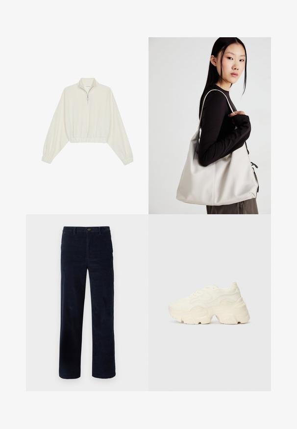 Geknipt pullover in crèmekleurige stof, met een hoge kraag, halve rits, elastische zoom en manchetten, met een soepele textuur en minimalistisch ontwerp.; Marineblauwe corduroybroek met rechte benen, voorzien van een knoopsluiting en een textuurrijke stof. Geen zichtbare patronen of accenten.; Chunky witte sneakers gemaakt van geperforeerd mesh en synthetische materialen, met een dikke zool en ingewikkelde patroon details aan de zijkanten.; Beige handtas gemaakt van zacht materiaal, met een slonzig ontwerp, gestikte details en twee schouderbanden. Geschikt voor dagelijks gebruik.