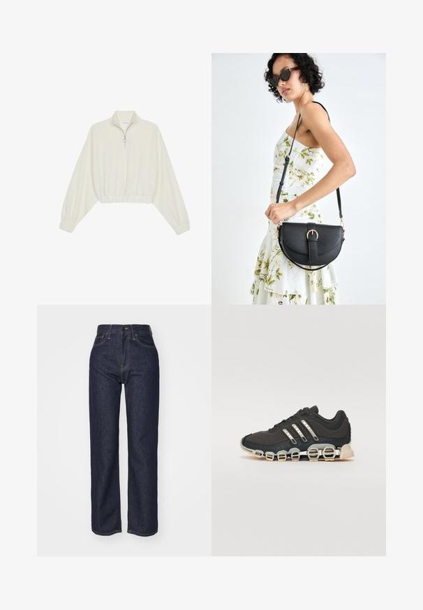 Skraćeni pulover od kremastog materijala, s visokim ovratnikom, zatvaranjem na polovicu munje, elastičnim rubom i manžetama, s glatkom teksturom i minimalnim dizajnom.; Tamno plave traperice visokog struka s ravnim nogavicama, vidljivim šavovima, pet džepova i prednjim kopčanjem na dugme.; Crne atletske tenisice s teksturiranim gornjim dijelom, tri srebrne pruge i posebnim potplatom s višestrukim integriranim sekcijama.; Crna kožna torba s lukovitim oblikom, odvojivim remenom i zlatnim detaljima. Torba ima preklop s kopčom.