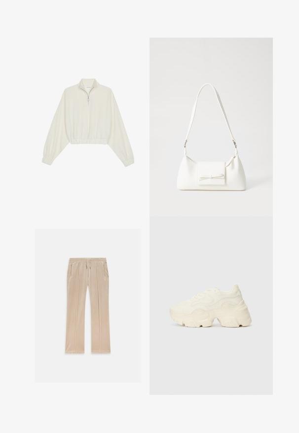 Pullover curto em tecido creme, apresentando um colarinho alto, fecho de meio zíper, bainha e punhos elásticos, com uma textura suave e design minimalista.; Calças jogger de veludo bege com cintura elástica ajustável, dois bolsos laterais e costuras laterais discretas. Apresenta um logotipo bordado na parte da frente.; Sapatilhas brancas chunky feitas de malha texturizada e materiais sintéticos, apresentando uma sola espessa e detalhes de padrão intrincados ao longo dos lados.; Mala sintética branca com formato triangular, aba frontal plana e detalhe de laço, alça ajustável, textura suave e design minimalista.