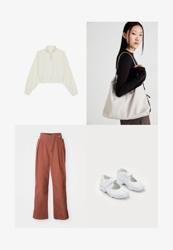 Pullover curto em tecido creme, apresentando um colarinho alto, fecho de meio zíper, bainha e punhos elásticos, com uma textura suave e design minimalista.; Calças castanhas, folgadas, com pernas largas, feitas de material leve. Apresenta uma cintura cruzada e fecho de botão.; Sapatilhas brancas desportivas com um upper texturizado, faixa de velcro ajustável, biqueira arredondada e sola grossa com um padrão de pisada distinto.; Uma bolsa bege feita de material macio, com um design descontraído, detalhes de costura e duas alças para o ombro. Adequada para uso diário.