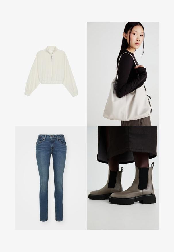 Kreemfarbenest lühikese varrukaga kudum, millel on kõrge kaelus, pool tõmblukk, elastne allosa ja varrukad, sile tekstuur ja minimaalne disain.; Sinine denim slim-fit teksapüksid viie taskuga, nähtava õmblusega ja lukuga. Omavad kergelt pleekinud tekstuuri lisadetailide jaoks.; Hallide hallukad, mis on valmistatud tekstuursest nahast, millel on elastsed külgpaneelid ja massiivne must tald. Omab tõmblukke mugavaks selga panemiseks.; Bež käekott pehme materjali, millel on lõtv disain, õmblustega detailid ja kaks õlarihma. Sobib igapäevaseks kasutamiseks.