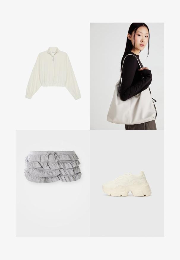 Pullover curto em tecido creme, apresentando um colarinho alto, fecho de meio zíper, bainha e punhos elásticos, com uma textura suave e design minimalista.; Saia cinza com pregas, design de tecido em camadas, cintura com cordão, textura suave, bordas acabadas e babados em cascata.; Sapatilhas brancas chunky feitas de malha texturizada e materiais sintéticos, apresentando uma sola espessa e detalhes de padrão intrincados ao longo dos lados.; Uma bolsa bege feita de material macio, com um design descontraído, detalhes de costura e duas alças para o ombro. Adequada para uso diário.