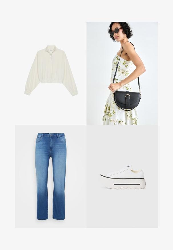 Kort genser i kremfarget stoff, med høy krage, halv glidelås, elastisk nederste kant og mansjetter, med en glatt tekstur og minimalistisk design.; Lys blå denimjeans med rett snitt, fem lommer og en falmingseffekt ved nederkant. Kneppestenging i midjen.; Hvit kanvas plattform sneakers med svart gummisåle, rund tåhette og metalldetaljer, med et enkelt og rent design.; Svart lærveske med en buet form, avtagbar stropp og gullbeslag. Vesken har et klaff med spenne-detall.