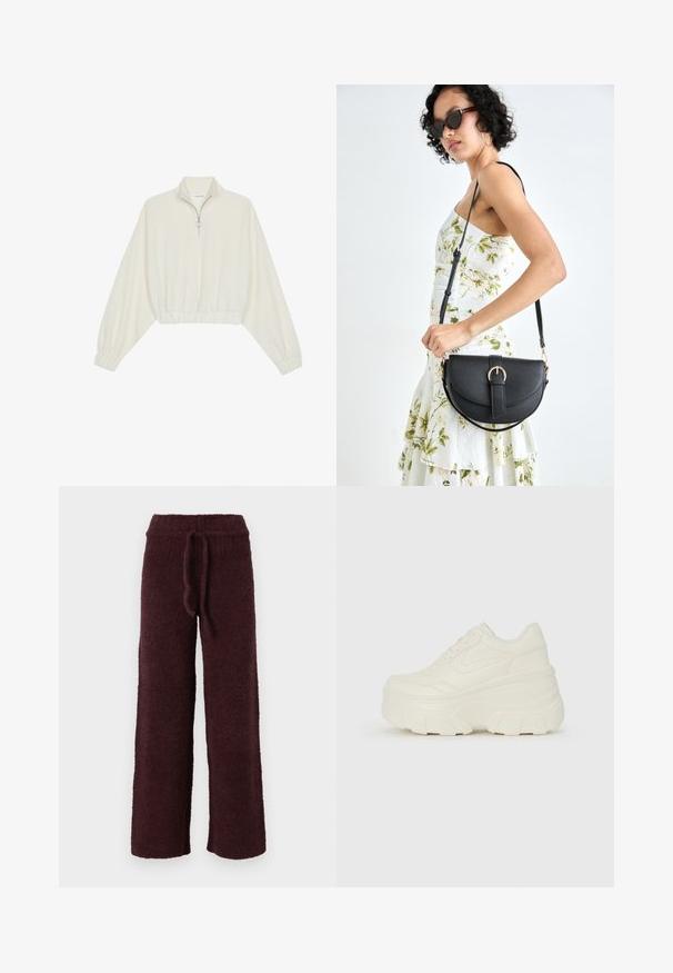 Kratka pulover v kremnem blagu, z visokim ovratnikom, pol-zadrgo, elastičnim robom in manšetami, z gladko teksturo in minimalističnim oblikovanjem.; Bordo, teksturirane hlače za prosti čas iz mehkega blaga. Imajo pas z vrvico in široke noge za udobje. Brez vidnih kovinskih delov ali vzorcev.; Bele platformske tene z belim zgornjim delom, ki spominja na usnje, okroglo obliko, oblazinjen ovratnik ter gumo z teksturo na podplatu z izrazitimi profili.; Črna usnjena torbica s ukrivljeno obliko, z odstranljivo naramnico in zlatimi dodatki. Torbica ima pokrov s podrobnostmi v obliki zaponke.