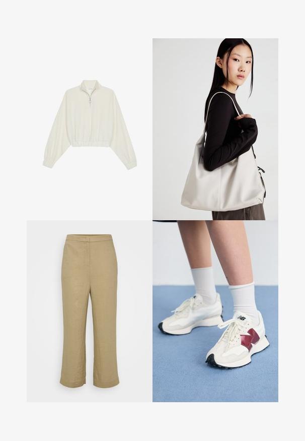 Pullover accorciato in tessuto crema, con colletto alto, chiusura a zip parziale, orlo e polsini elasticizzati, dalla texture liscia e design minimal.; Pantaloni in lino beige con taglio dritto, caratterizzati da una vita medio-alta, cuciture sottili e gambe ampie e corte. Tessuto liscio, senza motivi visibili.; Paio di sneakers bianche con accenti bordeaux, pannelli testurizzati, suola piatta nera e lacci leggeri, indossati con calzini bianchi alla caviglia.; Borsa a mano beige realizzata in materiale morbido, caratterizzata da un design morbido, dettagli cuciti e due manici. Adatta per l'uso quotidiano.