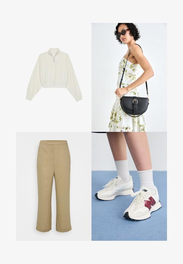 Kreminės spalvos trumpas megztinis, turintis aukštą apykaklę, pusiau užtrauktuką, elastinį apačią irRankovių kraštus, su lygiu paviršiumi ir minimalizuotu dizainu.; Bežinės lininės kelnės tiesaus silueto, vidutinio aukščio juosmuo, subtilūs siūlai ir plačios trumpintos kojos. Lygus paviršius, be matomų raštų.; Balti sportbačiai su bordo akcentais, tekstūriniais paviršiais, plokščiomis juodomis pado dalimis ir šviesiomis raišteliais, dėvimi su baltais kulkšnų ponoškais.; Juodas odinis krepšys su išlenkta forma, nuimamu dirželiu ir auksiniais detalėmis. Krepšys turi kilpą su sagtimi.