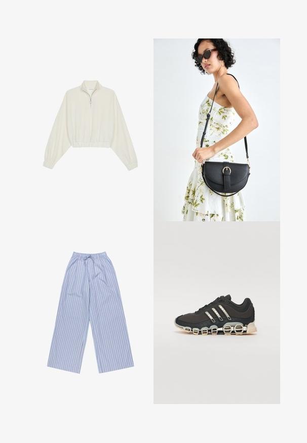 Pullover court en tissu crème, avec un col haut, fermeture éclair à mi-hauteur, ourlet et poignets élastiqués, offrant une texture lisse et un design minimaliste.; Pantalons larges rayés bleus avec des rayures verticales rouges, fabriqués en tissu léger, dotés d'une taille élastique avec cordon de serrage et de poches latérales.; Chaussure de sport noire avec un dessus texturé, trois bandes argentées et une semelle amortissante distinctive comportant plusieurs sections intégrées.; Sac à main en cuir noir avec une forme courbée, bandoulière amovible et des accessoires en or. Le sac est doté d'un rabat avec un détail de boucle.