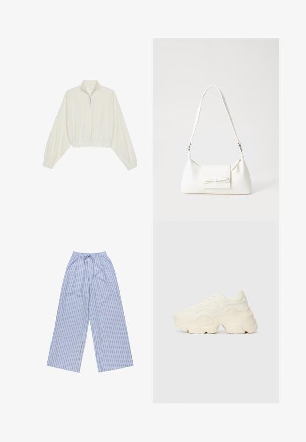 Gerippter Pullover aus cremefarbener Baumwolle mit hohem Kragen, halbem Reißverschluss, elastischen Säumen und Bündchen, glatter Textur und minimalistischem Design.; Hellblaue gestreifte weite Hosen mit roten vertikalen Streifen, aus leichtem Stoff gefertigt, mit elastischem Bund und Kordelzug sowie seitlichen Taschen.; Flockige weiße Sneaker aus strukturiertem Mesh und synthetischen Materialien, mit einer dicken Sohle und komplizierten Mustern entlang der Seiten.; Weiße synthetische Handtasche in dreieckiger Form, flache Vorderklappe und Schleifendetail, verstellbarer Trageriemen, glatte Textur und minimalistisches Design.