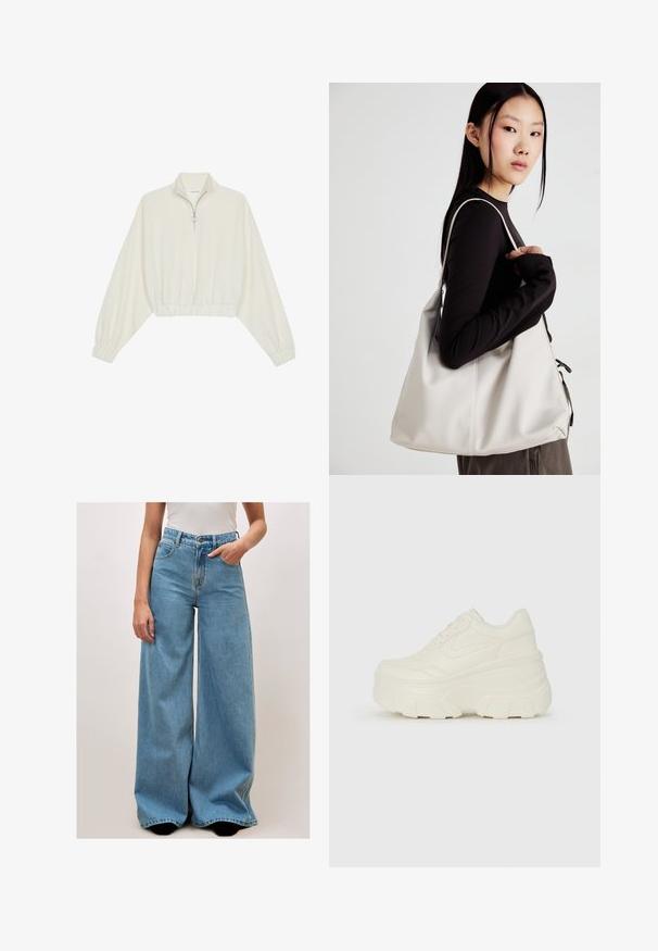 Gerippter Pullover aus cremefarbener Baumwolle mit hohem Kragen, halbem Reißverschluss, elastischen Säumen und Bündchen, glatter Textur und minimalistischem Design.; Helle blaue weit geschnittene Jeans mit hoher Taille, Fronttaschen und Knopfverschluss. Aus Denim mit einer weichen Textur und minimalen Nähdetails gefertigt.; Weiße Platform Sneakers mit einem glatten, lederähnlichen Obermaterial, abgerundeter Form, gepolstertem Kragen und strukturierten Gummisohlen mit ausgeprägten Stollen.; Beige Handtasche aus weichem Material, mit einem lässigen Design, gesteppten Details und zwei Schulterriemen. Geeignet für den täglichen Gebrauch.