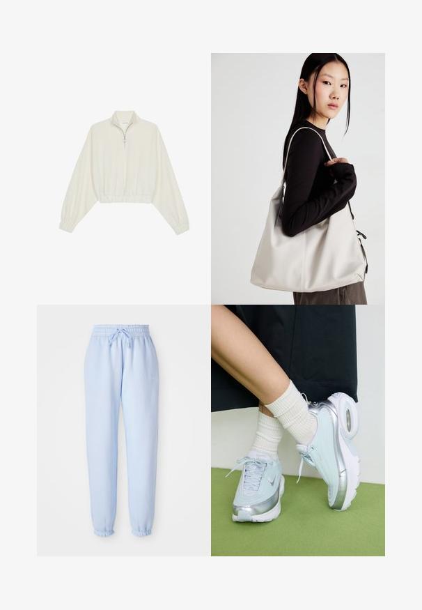Kreptais pusītes džemperis krēmkrāsā, ar augstu apkakli, puszipa aizdari, elastīgu apakšmalu un aprocēm, ar gludu tekstūru un minimālistisku dizainu.; Gaiši zili sporta bikses ar elastīgu jostasviedru un auklu. Sānos ir neliels Nike logo, un bikšu apakšdaļa ir savilkta.; Gaiši zili sporta apavi ar sudraba akcentiem, teksturēts augšējais pārklājums, mīksts zole un redzama gaisa vienība. Apvienoti ar baltām ribotām zeķēm.; Bežs rokassoma, izgatavota no mīksta materiāla, ar brīvu dizainu, izšūtu apdari un divām plecu siksnām. Piemērota ikdienas lietošanai.