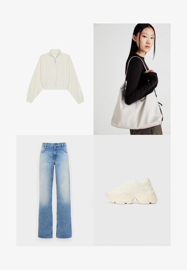 Kreminės spalvos trumpas megztinis, turintis aukštą apykaklę, pusiau užtrauktuką, elastinį apačią irRankovių kraštus, su lygiu paviršiumi ir minimalizuotu dizainu.; Šviesiai mėlynos aukštos juostos plačios kojos džinsai su išblukusia tekstūra. Turima penkios kišenės ir mygtuko užsegimas prie juosmens.; Masyvios baltos sportbačiai, pagaminti iš tekstūruoto tinklelio ir sintetinių medžiagų, pasižymintys storu padu ir išsamiu raštų detalizavimu šonuose.; Bežinė rankinė, pagaminta iš minkštos medžiagos, turinti laisvą dizainą, siuvinėtas detalės ir dvi petnešos. Tinkama kasdieniam naudojimui.