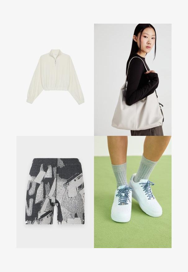 Cropped pullover in cream fabric, featuring a high collar, half-zip closure, elasticated hem and cuffs, with a smooth texture and minimal design.; Black and white patterned shorts with a ribbed texture. Design features abstract shapes and stripes. Elastic waistband for snug fit.; White leather sneakers with blue accents, perforated toe design, and textured blue-and-white laces, worn with gray ribbed socks.; Beige handbag made of soft material, featuring a slouchy design, stitched detailing, and two shoulder straps. Suitable for everyday use.