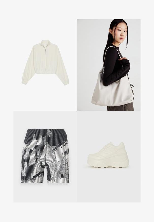 Kreemfarbenest lühikese varrukaga kudum, millel on kõrge kaelus, pool tõmblukk, elastne allosa ja varrukad, sile tekstuur ja minimaalne disain.; Mustra ja mustvalged lühikesed püksid ribakujulise tekstuuriga. Kujundus sisaldab abstraktseid kujundeid ja triibusid. Painduv puusavöö kindlaksmääratud istuvuse tagamiseks.; Valged platvormi tõusukingad, millel on siledast nahast meenutav pealis, ümar kuju, pehmendatud kaelus ja tekstureeritud kummitald koos selgete hüdrofoobsete mustritega.; Bež käekott pehme materjali, millel on lõtv disain, õmblustega detailid ja kaks õlarihma. Sobib igapäevaseks kasutamiseks.