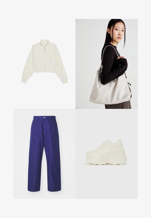 Kreminės spalvos trumpas megztinis, turintis aukštą apykaklę, pusiau užtrauktuką, elastinį apačią irRankovių kraštus, su lygiu paviršiumi ir minimalizuotu dizainu.; Carhartt WIP BRANDON DOUBLE KNEE PANT - Kareiviško stiliaus kelnės - aura rinsed; Baltos platformos sportbačiai su lygiu odos primenančiu paviršiumi, apvalia forma, paminkštintu apykakle ir tekstūruotu guminiu padu su ryškiais protektoriais.; Bežinė rankinė, pagaminta iš minkštos medžiagos, turinti laisvą dizainą, siuvinėtas detalės ir dvi petnešos. Tinkama kasdieniam naudojimui.