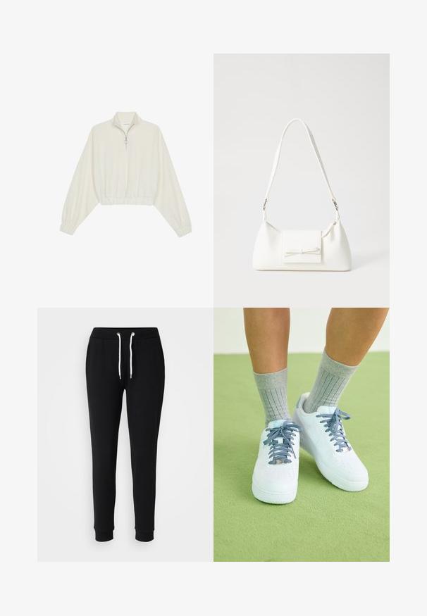 Skórzany pulower w kolorze kremowym, z wysokim kołnierzem, półzamkiem, elastycznym wykończeniem u dołu i mankietami, o gładkiej teksturze i minimalistycznym designie.; Czarne dresy z elastycznym pasem na sznurku, białymi akcentami z sznurka, zwężanymi nogawkami i ściągaczami na końcach. Wykonane z miękkiego, komfortowego materiału.; Białe skórzane sneakersy z niebieskimi akcentami, perforowanym wzorem na palcach oraz teksturowanymi niebiesko-białymi sznurowadłami, noszone z szarymi skarpetkami w prążki.; Biała syntetyczna torba o trójkątnym kształcie, płaskim przednim klapce i detalach w postaci kokardy, regulowanym pasku, gładkiej fakturze oraz minimalistycznym designie.