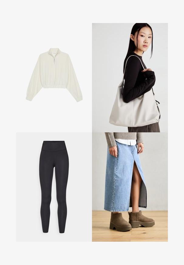 Cropped pullover in cream fabric, featuring a high collar, half-zip closure, elasticated hem and cuffs, with a smooth texture and minimal design.; Black leggings made of stretchy material, featuring a high waistband, smooth texture, and small perforations along the outer legs.; Denim maxi skirt in light blue with a front slit, paired with brown suede ankle boots featuring thick soles and rounded toes.; Beige handbag made of soft material, featuring a slouchy design, stitched detailing, and two shoulder straps. Suitable for everyday use.