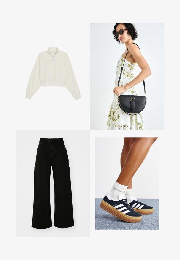 Pullover curto em tecido creme, apresentando um colarinho alto, fecho de meio zíper, bainha e punhos elásticos, com uma textura suave e design minimalista.; Calças cargo largas pretas feitas de denim, com cintura alta, fecho frontal com botão e bolsos laterais. Textura suave com costura mínima.; Ténis de camurça preta com riscas e detalhes brancos, biqueira arredondada, sola em borracha cor de goma, combinados com meias brancas caneladas até à altura do tornozelo.; Bolsa de couro preta com forma curva, alça destacável e detalhes em dourado. A bolsa possui uma aba com detalhe de fivela.