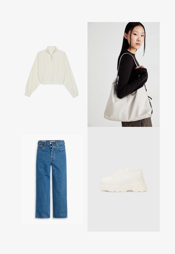 Kort genser i kremfarget stoff, med høy krage, halv glidelås, elastisk nederste kant og mansjetter, med en glatt tekstur og minimalistisk design.; Blå denim straight-leg jeans med høy midje, fem lommer, og knappestolpe. Merkbar søm og kobberfargede nagler.; Hvit kanvas sneakers med chunky såle, avrundet tå og fem hull for snøringer. Bakre tab for enkel påkledning. Glatt tekstur, minimalistisk design.; Beige håndveske laget av mykt materiale, med en slapp design, sydd detaljer og to skulderstropper. Passer for daglig bruk.