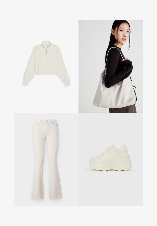Cropped pullover in cream fabric, featuring a high collar, half-zip closure, elasticated hem and cuffs, with a smooth texture and minimal design.; Beige corduroy flared pants with a high waist, featuring a metal button closure, belt loops, and visible ribbed texture throughout.; White platform sneakers featuring a smooth leather-like upper, rounded shape, padded collar, and textured rubber sole with defined treads.; Beige handbag made of soft material, featuring a slouchy design, stitched detailing, and two shoulder straps. Suitable for everyday use.