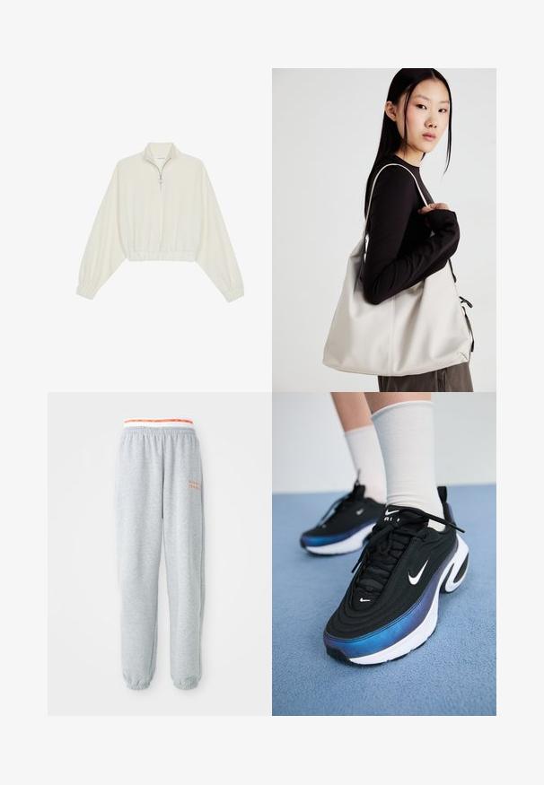 Kreptais pusītes džemperis krēmkrāsā, ar augstu apkakli, puszipa aizdari, elastīgu apakšmalu un aprocēm, ar gludu tekstūru un minimālistisku dizainu.; Pelēki treniņbikses ar elastīgu jostasvītru, kurām ir sarkans un balts Nike logotips. Cimdi pie potītēm, mīksts audums un brīvs piegriezums.; Melnie Nike sporta apavi ar gludu auduma virsmu, argradienta zilu uz melnu dizainu, balta zole un izteiksmīgi logotipa akcenti.; Bežs rokassoma, izgatavota no mīksta materiāla, ar brīvu dizainu, izšūtu apdari un divām plecu siksnām. Piemērota ikdienas lietošanai.
