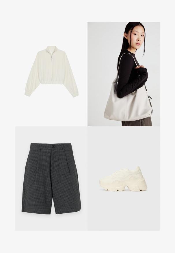 Kreminės spalvos trumpas megztinis, turintis aukštą apykaklę, pusiau užtrauktuką, elastinį apačią irRankovių kraštus, su lygiu paviršiumi ir minimalizuotu dizainu.; Tamsiai pilki šortai su tinklo raštu, turintys klosčius, šonines kišenes ir mygtuko uždarymą juosmens srityje. Lygus audinio paviršius.; Masyvios baltos sportbačiai, pagaminti iš tekstūruoto tinklelio ir sintetinių medžiagų, pasižymintys storu padu ir išsamiu raštų detalizavimu šonuose.; Bežinė rankinė, pagaminta iš minkštos medžiagos, turinti laisvą dizainą, siuvinėtas detalės ir dvi petnešos. Tinkama kasdieniam naudojimui.