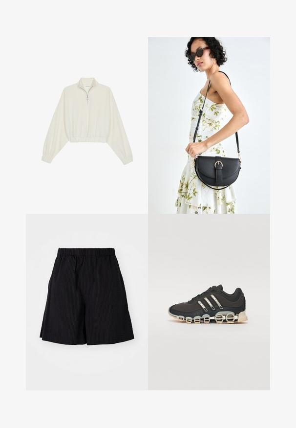 Cropped pullover in cream fabric, featuring a high collar, half-zip closure, elasticated hem and cuffs, with a smooth texture and minimal design.; Black shorts made of textured fabric with a ribbed pattern. Features an elastic waistband and relaxed fit. Ends just above the knee.; Black athletic shoe with a textured upper, three silver stripes, and a distinctive cushioning sole featuring multiple integrated sections.; Black leather handbag with a curved shape, detachable strap, and gold hardware. The bag features a flap with a buckle detail.