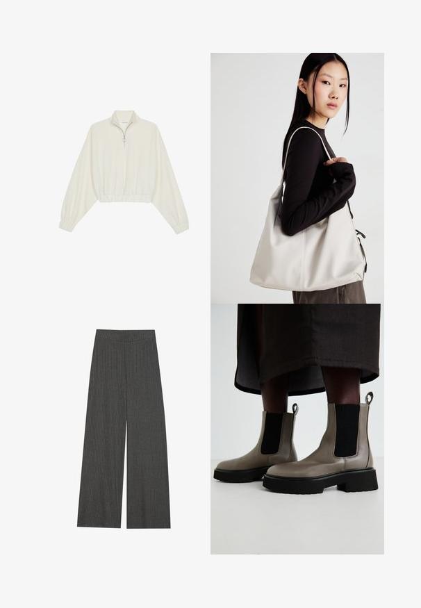Skórzany pulower w kolorze kremowym, z wysokim kołnierzem, półzamkiem, elastycznym wykończeniem u dołu i mankietami, o gładkiej teksturze i minimalistycznym designie.; Spodnie w szerokim kroju wykonane z ciemnoszarego prążkowanego materiału, z wysokim pasem i pionowymi paskami dla tekstury i detali.; Szare botki za kostkę wykonane z teksturowanej skóry, z elastycznymi bocznymi panelami i masywną czarną podeszwą. Posiadają pętelki do łatwego zakładania.; Beżowa torebka wykonana z miękkiego materiału, charakteryzująca się luźnym fasonem, wyszywanymi detalami i dwoma uchwytami na ramię. Idealna na co dzień.
