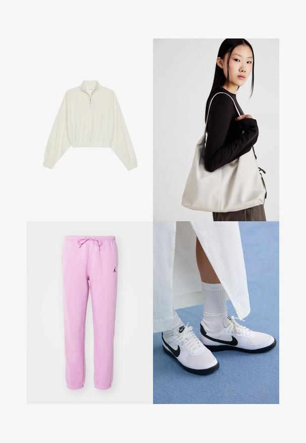 Cropped pullover in cream fabric, featuring a high collar, half-zip closure, elasticated hem and cuffs, with a smooth texture and minimal design.; Light pink sweatpants made of soft fabric, featuring an elastic waistband with drawstring and a small black logo on the left thigh.; White Nike sneakers with black accents, featuring a smooth leather upper, white laces, and sturdy rubber outsoles, paired with white ribbed socks.; Beige handbag made of soft material, featuring a slouchy design, stitched detailing, and two shoulder straps. Suitable for everyday use.