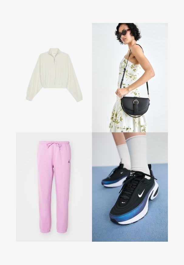 Avkortad tröja i krämfärgad tyg, med hög krage, halvdragkedja, elastisk nederkant och ärmar, med en slät yta och minimalistisk design.; Ljust rosa sweatpants i mjukt tyg, med elastisk midja och dragsko samt en liten svart logotyp på vänster lår.; Svarta Nike-sneakers med ett mjukt tygövre, som har en gradientdesign från blått till svart, vit sula och framträdande logotypaccenter.; Svart läderhandväska med en böjd form, avtagbar rem och guldiga detaljer. Väskan har ett lock med en spänndetalj.
