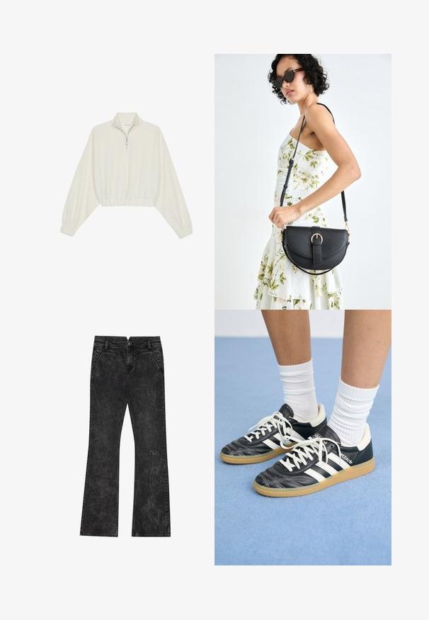 Skraćeni pulover od kremastog materijala, s visokim ovratnikom, zatvaranjem na polovicu munje, elastičnim rubom i manžetama, s glatkom teksturom i minimalnim dizajnom.; Crne flare traperice s ispucanom teksturom, s kopčanjem na gumb, petljama za remen i četiri džepa.; Crne kožne atletike s bijelim trakama, okruglim prstima, bijelim vezicama i gumeni potplat. Naglašene jastučićem oko gležnja i detaljima s brandingom.; Crna kožna torba s lukovitim oblikom, odvojivim remenom i zlatnim detaljima. Torba ima preklop s kopčom.