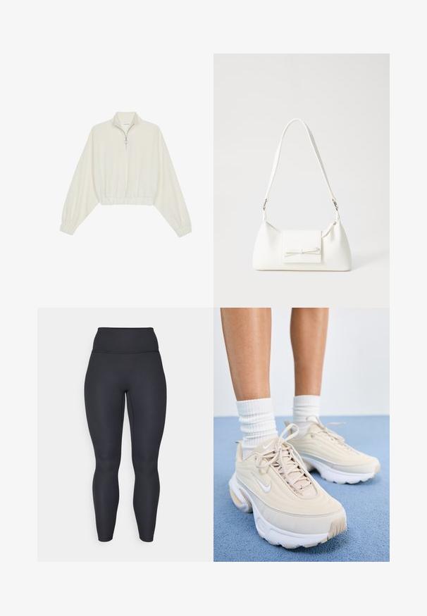 Pullover curto em tecido creme, apresentando um colarinho alto, fecho de meio zíper, bainha e punhos elásticos, com uma textura suave e design minimalista.; Leggings pretos de tecido canelado de cintura alta, com um design justo, textura suave e comprimento completo. Apresentam uma cintura larga para suporte.; Ténis atléticos bejes com um tecido texturizado, atacadores brancos e uma sola espessa branca. O design apresenta curvas subtis e um pequeno logotipo.; Mala sintética branca com formato triangular, aba frontal plana e detalhe de laço, alça ajustável, textura suave e design minimalista.