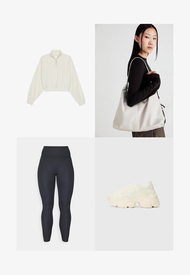 Kratka pulover v kremnem blagu, z visokim ovratnikom, pol-zadrgo, elastičnim robom in manšetami, z gladko teksturo in minimalističnim oblikovanjem.; Visoke črno rebraste legice z dovolj prilegajočim dizajnom, gladko teksturo in dolžino do gležnjev. Imajo širok pas za podporo.; Debele bele športne copate, izdelane iz teksturirane mrežaste in sintetične materialov, z debelim podplatom in zapletenimi vzorčičnimi detajli ob straneh.; Bežna torbica iz mehkega materiala, z ohlapno zasnovo, šivi in dvema naramnicama. Primerna za vsakodnevno uporabo.