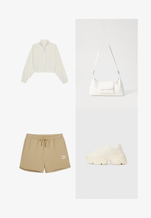 Sudadera cropped en tejido crema, con cuello alto, cierre de media cremallera, dobladillo y puños elásticos, con una textura suave y un diseño minimalista.; Puma BETTER CLASSICS - Pantalones deportivos - prairie tan; Zapatillas blancas gruesas hechas de malla texturizada y materiales sintéticos, con una suela gruesa y detalles de patrones intrincados a lo largo de los lados.; Bolso sintético blanco con forma triangular, tapa frontal plana y detalle de lazo, correa ajustable, textura suave y diseño minimalista.