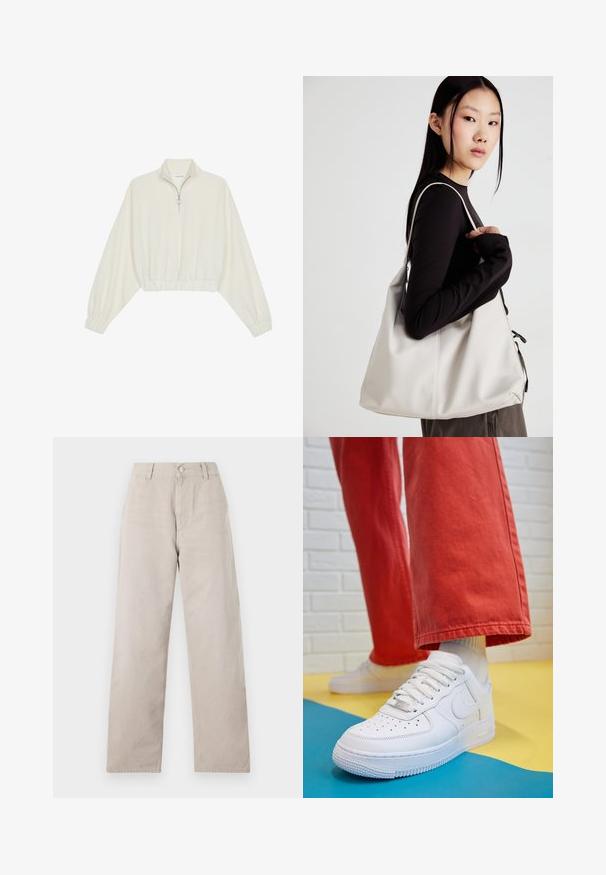 Sudadera cropped en tejido crema, con cuello alto, cierre de media cremallera, dobladillo y puños elásticos, con una textura suave y un diseño minimalista.; Pantalones rectos beige hechos de algodón suave. Cuenta con un cierre de botón, trabillas para el cinturón y bolsillos laterales. Diseño simple y limpio.; Zapatilla de cuero blanco con caja de dedos perforada, suela texturizada y cordones blancos, combinada con pantalones rojos amplios y un fondo azul y amarillo.; Bolso de mano beige hecho de material suave, con un diseño holgado, detalles cosidos y dos asas. Adecuado para uso diario.