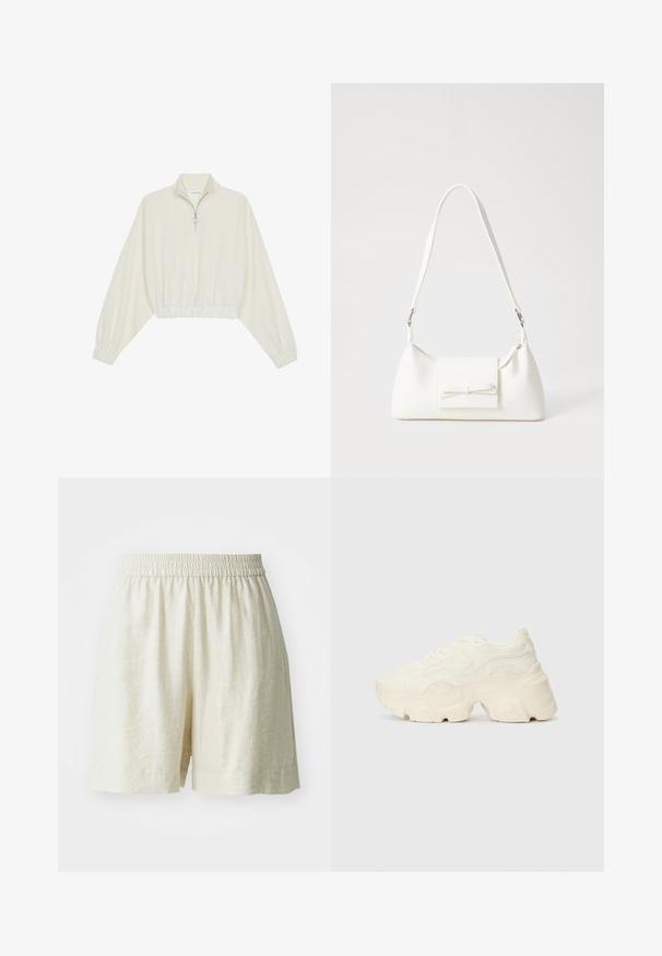 Sudadera cropped en tejido crema, con cuello alto, cierre de media cremallera, dobladillo y puños elásticos, con una textura suave y un diseño minimalista.; Pantalones cortos de lino, color crema, con una cintura elástica y un corte holgado. Diseño sencillo, textura suave y sin patrones o accesorios visibles.; Zapatillas blancas gruesas hechas de malla texturizada y materiales sintéticos, con una suela gruesa y detalles de patrones intrincados a lo largo de los lados.; Bolso sintético blanco con forma triangular, tapa frontal plana y detalle de lazo, correa ajustable, textura suave y diseño minimalista.