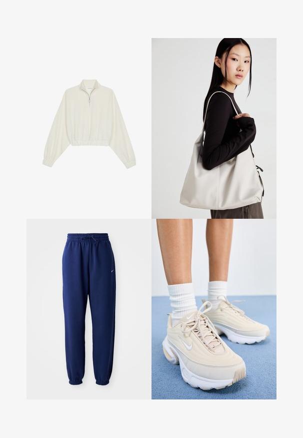 Kreptais pusītes džemperis krēmkrāsā, ar augstu apkakli, puszipa aizdari, elastīgu apakšmalu un aprocēm, ar gludu tekstūru un minimālistisku dizainu.; Navy zila sporta bikses, izgatavotas no mīksta auduma, ar elastīgu jostu ar auklu, elastīgiem piedurknēm un mazu balto logo.; Bežīgas sporta kurpes ar teksturētu virsu, baltām šņorēm un biezu baltu zoli. Dizainā ir smalkas līknes un neliels logo.; Bežs rokassoma, izgatavota no mīksta materiāla, ar brīvu dizainu, izšūtu apdari un divām plecu siksnām. Piemērota ikdienas lietošanai.