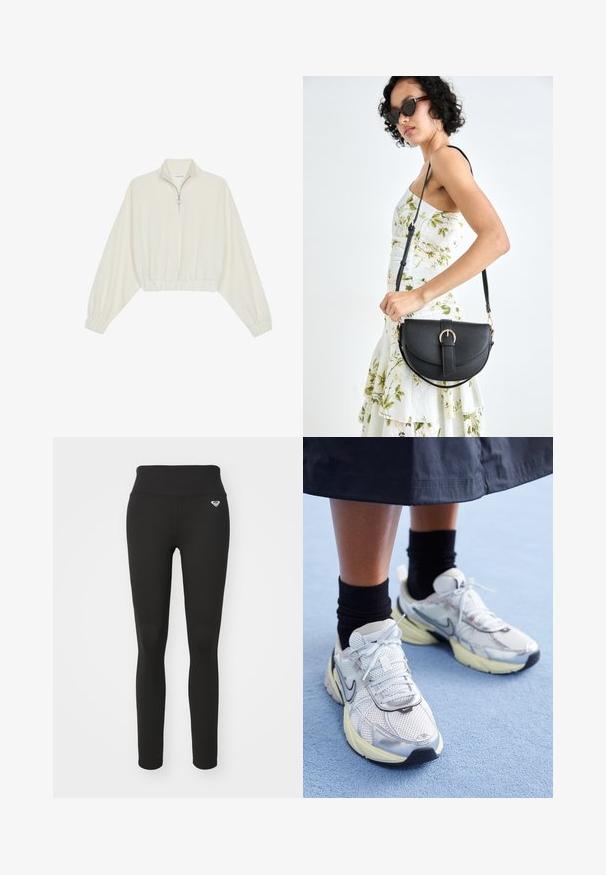 Kreptais pusītes džemperis krēmkrāsā, ar augstu apkakli, puszipa aizdari, elastīgu apakšmalu un aprocēm, ar gludu tekstūru un minimālistisku dizainu.; Melnas legingu bikses ar augstu jostas vietu, izgatavotas no elastīga materiāla. Raksturo mazs logotips gurnā un gluda, matēta virsma.; Baltie un sudraba Nike kedas ar tīkla audumu, atstarojošiem akcentiem un bēša zoli. Valkātas ar melnām zeķēm, stāvot uz zilas virsmas.; Melnas ādas rokassoma ar izliekta formu, noņemamu siksnu un zelta aksesuāriem. Somai ir vāciņš ar sprādzes detaļu.