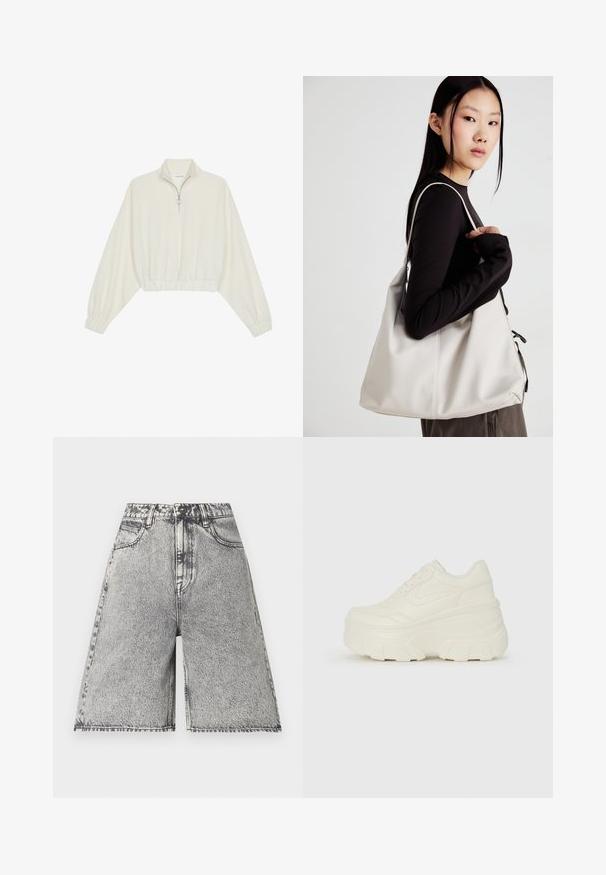 Kort genser i kremfarget stoff, med høy krage, halv glidelås, elastisk nederste kant og mansjetter, med en glatt tekstur og minimalistisk design.; Jeanshorts i et svart og grått syrevaske mønster, med høy midje, beltehemper og fem lommer. Kantene er ferdigbehandlet.; Hvite plattformsnickers med en glatt læraktig overdel, avrundet form, polstret krage og teksturert gummisåle med tydelige dekk.; Beige håndveske laget av mykt materiale, med en slapp design, sydd detaljer og to skulderstropper. Passer for daglig bruk.