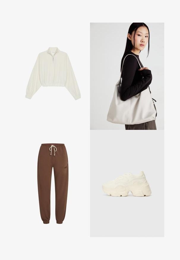 Kreemfarbenest lühikese varrukaga kudum, millel on kõrge kaelus, pool tõmblukk, elastne allosa ja varrukad, sile tekstuur ja minimaalne disain.; Pruunid dressipüksid pehmest kangast, millel on elastne vöökoht koos stringiga, kitsenevad sääred ja logo aktsent küljel.; Paksud valged tennised, mis on valmistatud tekstureeritud võrgu- ja sünteetilistest materjalidest, pakuvad paksu tallaga ja keerukat mustrit külgedel.; Bež käekott pehme materjali, millel on lõtv disain, õmblustega detailid ja kaks õlarihma. Sobib igapäevaseks kasutamiseks.