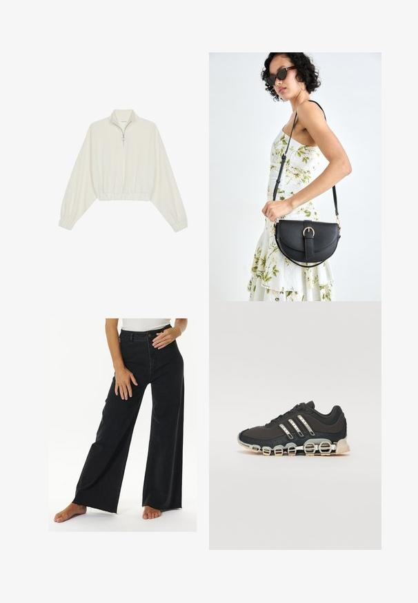 Kort striktrøje i cremefarvet stof med høj krave, halvlynlås, elastisk kant og manchetter, glat tekstur og minimalistisk design.; Højtaljede sorte brede jeans lavet af denim, med knap- og lynlåslukning, rå kant-detaljer og sidelommer.; Sort træningssko med en tekstureret overdel, tre sølvstriber og en karakteristisk støttende sål med flere integrerede sektioner.; Sort læderhåndtaske med en buet form, aftagelig rem og guldfinish. Tasken har en klap med en spænde detalje.