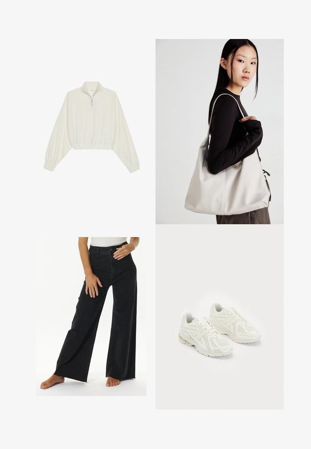 Cropped pullover in cream fabric, featuring a high collar, half-zip closure, elasticated hem and cuffs, with a smooth texture and minimal design.; High-waisted black wide-leg jeans made of denim, featuring a button and zipper closure, with raw hem detailing and side seam pockets.; White athletic shoes with mesh and synthetic materials, lace-up design, padded collar, and textured sole for grip. Lightweight construction.; Beige handbag made of soft material, featuring a slouchy design, stitched detailing, and two shoulder straps. Suitable for everyday use.