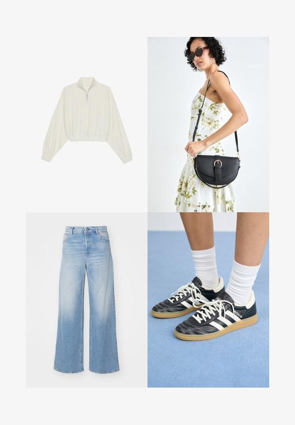 Lyhyt kerrosvaate vaaleasta kankaasta, jossa on korkea kaulus, puolivetoketjukiinnitys, joustavat helma ja hihansuut, tasainen pinta ja minimalistinen muotoilu.; Vaaleansiniset leveälahkeiset farkut, joissa on korkea vyötärö, napitus ja etutaskut, joissa on huomaamatonta kulumista. Suora helma.; Mustat nahkasneakerit valkoisilla raidoilla, pyöreä kärki, valkoiset nauhat ja kumipohja. Korostaa pehmustettua kaulusta ja brändäysohjeita.; Musta nahkainen käsilaukku, joka on kaareva muotoilultaan, irrotettavalla hihnalla ja kultaisilla yksityiskohdilla. Laukussa on läppä, jossa on solk yksityiskohta.