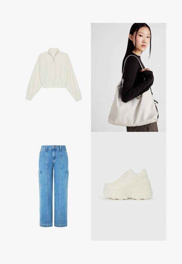 Kreminės spalvos trumpas megztinis, turintis aukštą apykaklę, pusiau užtrauktuką, elastinį apačią irRankovių kraštus, su lygiu paviršiumi ir minimalizuotu dizainu.; Šviesiai mėlynos džinsinės cargo kelnės su laisvu kirpimu, turinčios dvi šonines kišenes ir vertikalias siūles priekyje.; Baltos platformos sportbačiai su lygiu odos primenančiu paviršiumi, apvalia forma, paminkštintu apykakle ir tekstūruotu guminiu padu su ryškiais protektoriais.; Bežinė rankinė, pagaminta iš minkštos medžiagos, turinti laisvą dizainą, siuvinėtas detalės ir dvi petnešos. Tinkama kasdieniam naudojimui.