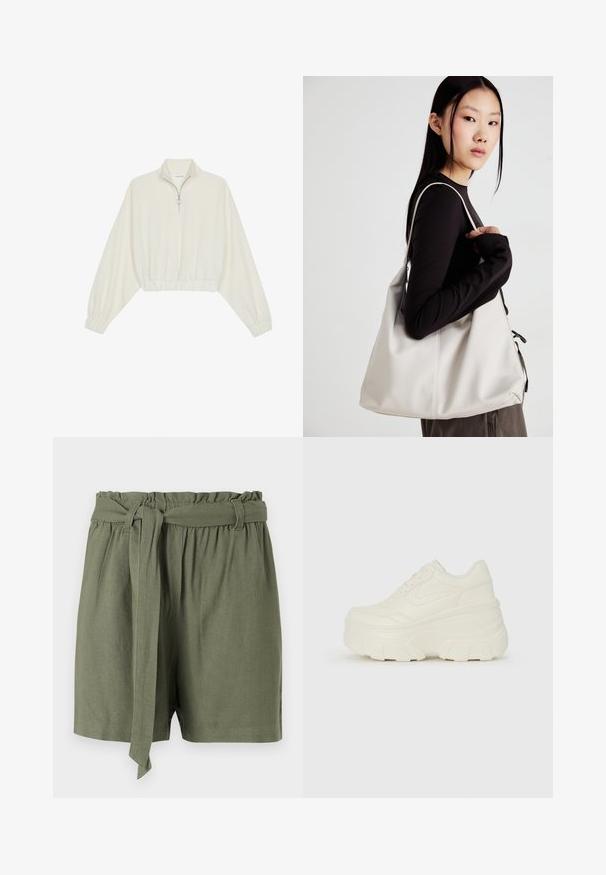 Skórzany pulower w kolorze kremowym, z wysokim kołnierzem, półzamkiem, elastycznym wykończeniem u dołu i mankietami, o gładkiej teksturze i minimalistycznym designie.; Szorty w oliwkowym kolorze wykonane z lekkiego materiału, z wysokim stanem, elastycznym paskiem oraz wiązanym paskiem do regulacji dopasowania.; Białe sneakersy na platformie z gładkim, skórzano przypominającym wierzchem, zaokrąglonym kształtem, wyściełanym kołnierzem oraz teksturowaną gumową podeszwą z wyraźnym bieżnikiem.; Beżowa torebka wykonana z miękkiego materiału, charakteryzująca się luźnym fasonem, wyszywanymi detalami i dwoma uchwytami na ramię. Idealna na co dzień.