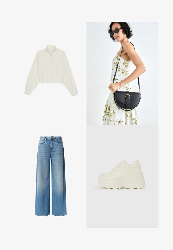 Kratka pulover v kremnem blagu, z visokim ovratnikom, pol-zadrgo, elastičnim robom in manšetami, z gladko teksturo in minimalističnim oblikovanjem.; Široke kavbojke iz modrega denima imajo svetlo pranje, visok pas, sprednje žepe in subtilen učinek bledenja vzdolž nog. Zaključene so z gumbom.; Bele platformske tene z belim zgornjim delom, ki spominja na usnje, okroglo obliko, oblazinjen ovratnik ter gumo z teksturo na podplatu z izrazitimi profili.; Črna usnjena torbica s ukrivljeno obliko, z odstranljivo naramnico in zlatimi dodatki. Torbica ima pokrov s podrobnostmi v obliki zaponke.