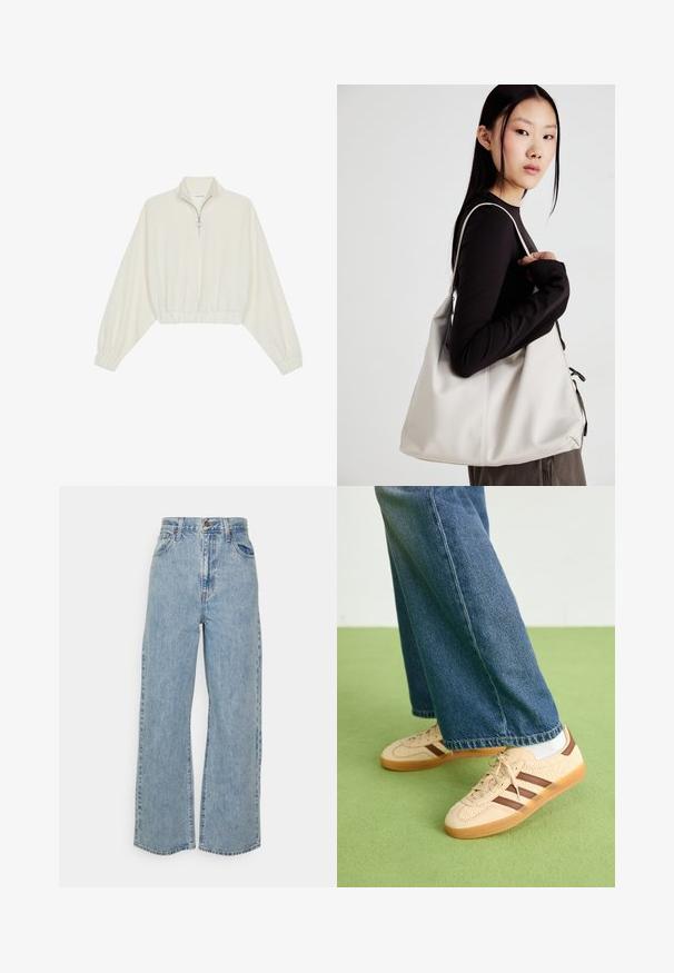 Kreptais pusītes džemperis krēmkrāsā, ar augstu apkakli, puszipa aizdari, elastīgu apakšmalu un aprocēm, ar gludu tekstūru un minimālistisku dizainu.; Gaiši zili platajai kājas džinsi ar augstu jostasvietu, priekšējo pogu, rāvējslēdzēju un piecu kabatu dizainu uz viendabīga fona.; Beidzīgi krēmbalti sporta apavi ar tekstūru un brūnā svītra, apvienoti ar zilu džinsu biksēm. Džinsus raksturo plata kāja un saplēsts apakšmalas dizains.; Bežs rokassoma, izgatavota no mīksta materiāla, ar brīvu dizainu, izšūtu apdari un divām plecu siksnām. Piemērota ikdienas lietošanai.