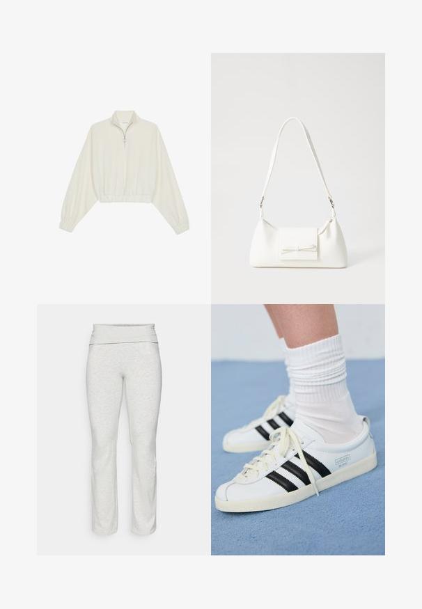 Cropped pullover in cream fabric, featuring a high collar, half-zip closure, elasticated hem and cuffs, with a smooth texture and minimal design.; ONLY Play ONPFOLD LIFE JAZZ - Tracksuit bottoms - light grey; White leather sneakers with black stripes, cream outsole, and light laces. Worn with white ribbed socks, positioned on blue background.; White synthetic handbag with a triangular shape, flat front flap and bow detail, adjustable strap, smooth texture, and minimalistic design.