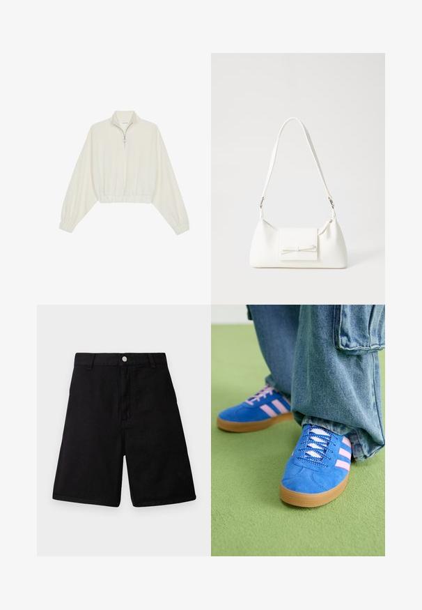 Kreemfarbenest lühikese varrukaga kudum, millel on kõrge kaelus, pool tõmblukk, elastne allosa ja varrukad, sile tekstuur ja minimaalne disain.; Mustad mustadest kangast lühikesed püksid, sirge lõikega, ees taskud, lukuga ja metallnööbiga kinnitamine.; Sinised sametkingad roosade triipudega ja valgete paeltega, millel on kummist tallad, kombineeritud laia teksapükstega rohelisel pinnal.; Valge sünteetilisest materjalist kott kolmnurkse kujuga, lame esiklapiga ja kaaredetailiga, reguleeritava rihmaga, sileda tekstuuriga ja minimalistliku disainiga.