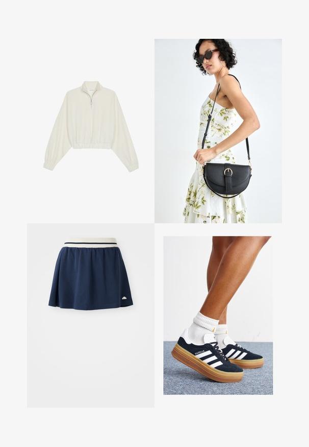 Pulover scurt din stofă crem, cu guler înalt, închidere cu fermoar pe jumătate, elastic la margini și la manșete, cu o textură netedă și un design minimalist.; Fustă de culoare albastru închis, confecționată dintr-un material moale, cu un elastic alb în talie, având două dungi albastre și un mic logo în josul tivului.; Adidași negri din piele întoarsă cu dungi și accente albe, vârf rotund, talpă de cauciuc gumă, asortați cu șosete albe cu model nervurat.; Geantă din piele neagră, cu o formă curbată, curea detașabilă și accesorii aurii. Geanta are un capac cu un detaliu tip cataramă.